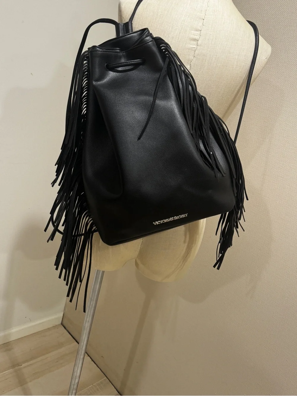 Victoria's Secret Black Fringe Drawstring Backpack